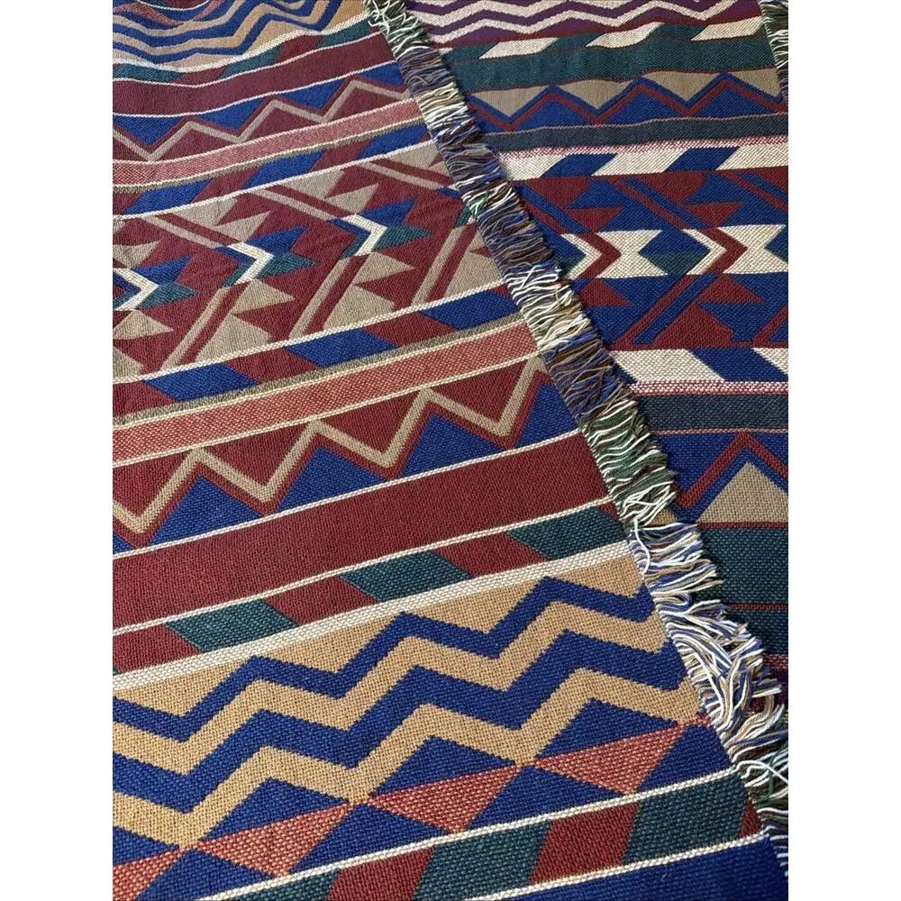 Vintage Tapestry Throw Blanket 1990s Southwestern Fringe Woven Western Red Aztec